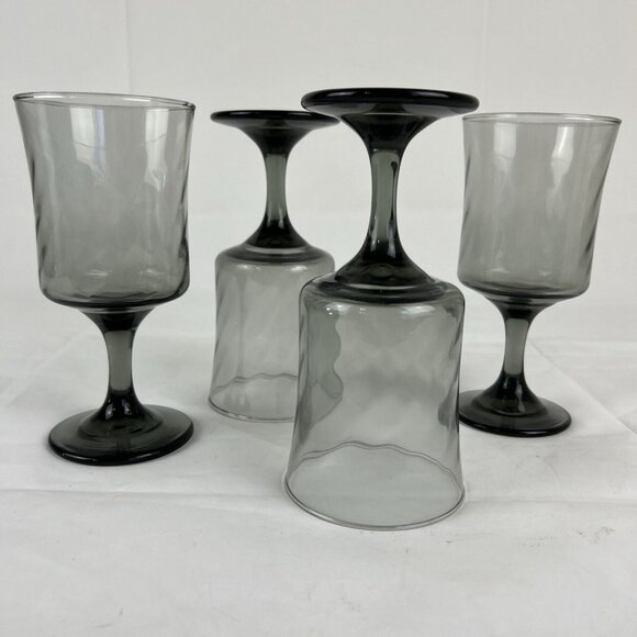 Set 4 VTG Libbey Smoke Gray Optic Swirl Goblet 8oz Wine Water Glasses - Picture 1 of 6